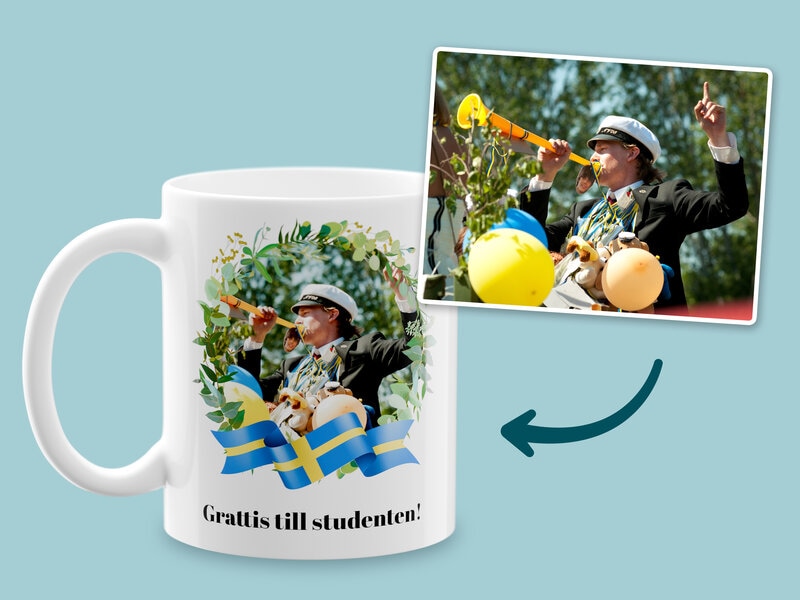 Personlig Mugg med Foto, Krans & Flagga