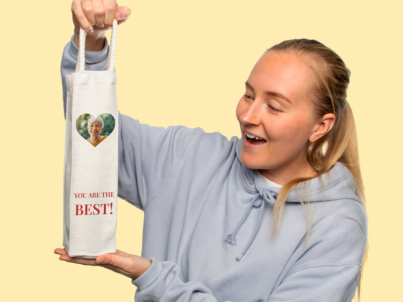 Personlig Gavepose til vin med Fotohjerte & Tekst