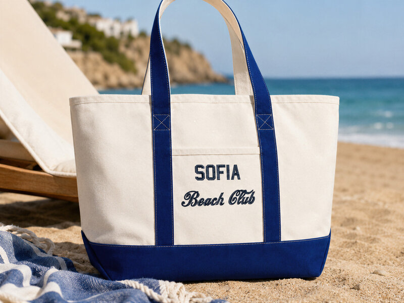 Strandtaske med broderet tekst Strandtaske med broderet tekst