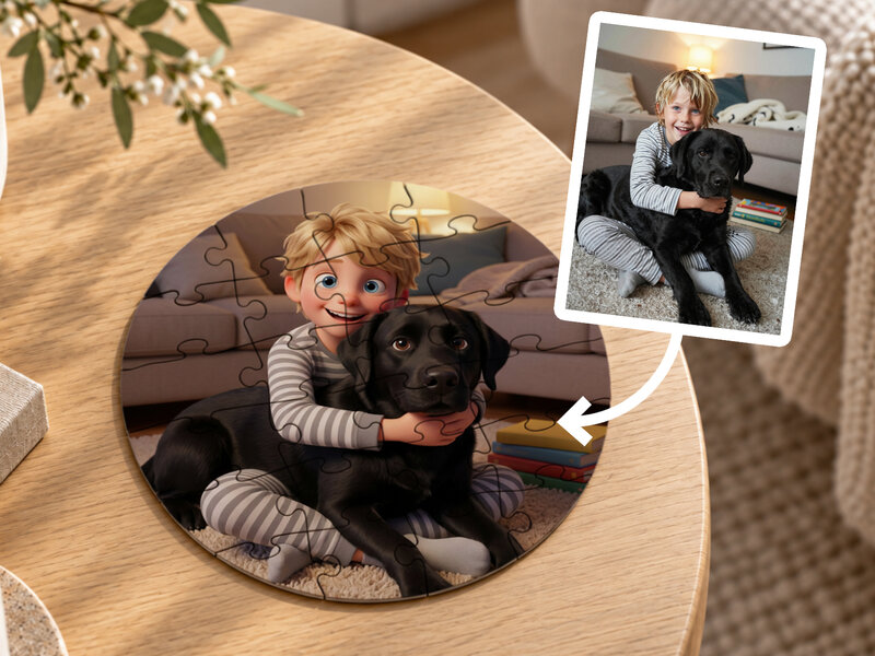 Rundt fotopuslespil i træ – Valgfri kunststil