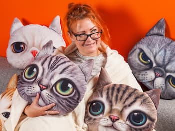 Roliga Kattkuddar. Stora kattansikten som motiv på kuddar.