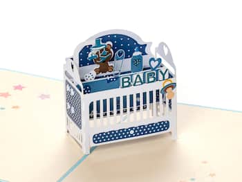 Pop Up -kortti - Vauvakortti, jossa sininen pinnasänky