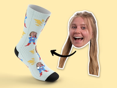 Personalisierte Socken mit Gesicht - Superheld
