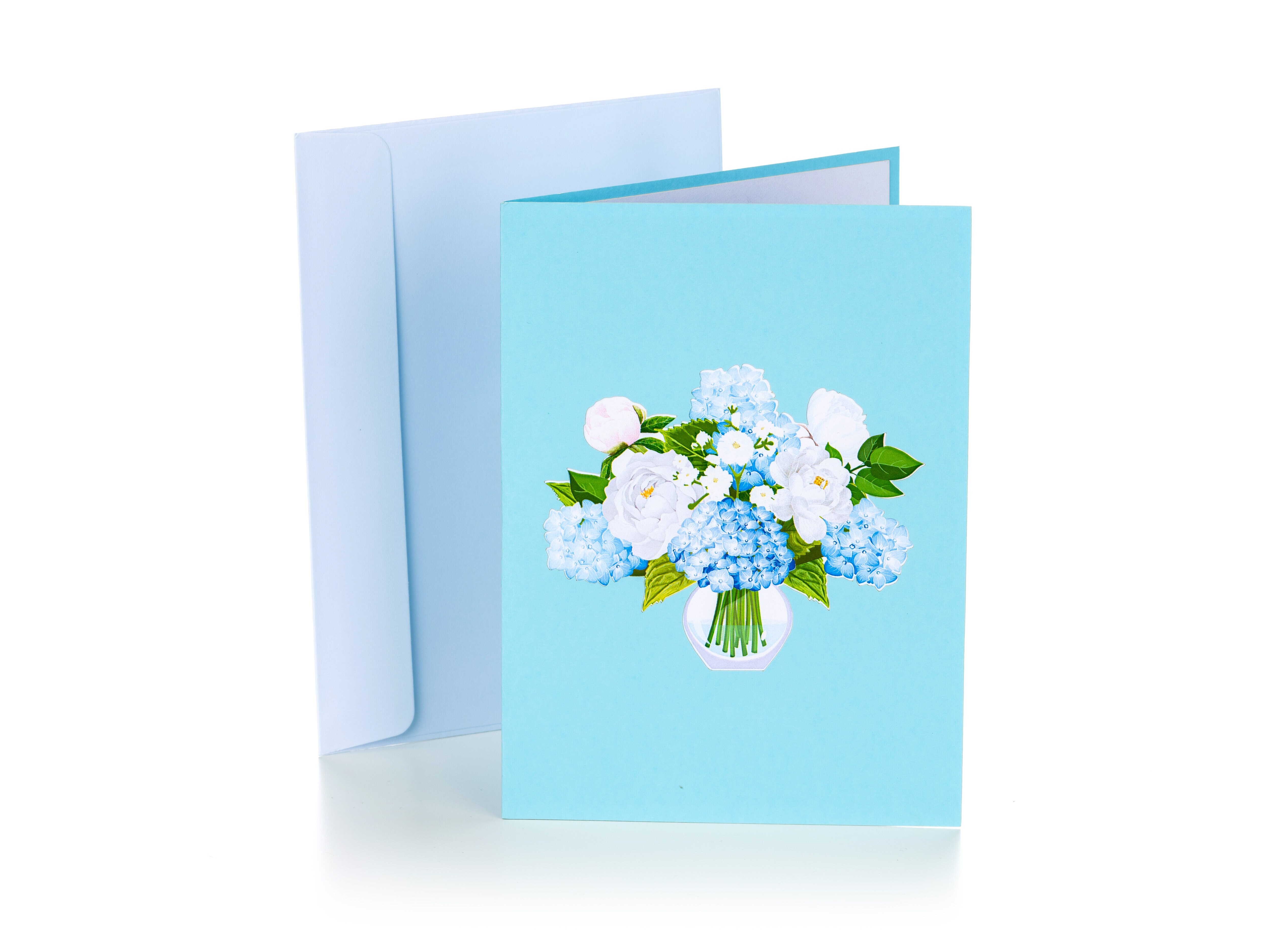 Pop Up -kortti - Maljakko sinisellä hortensialla