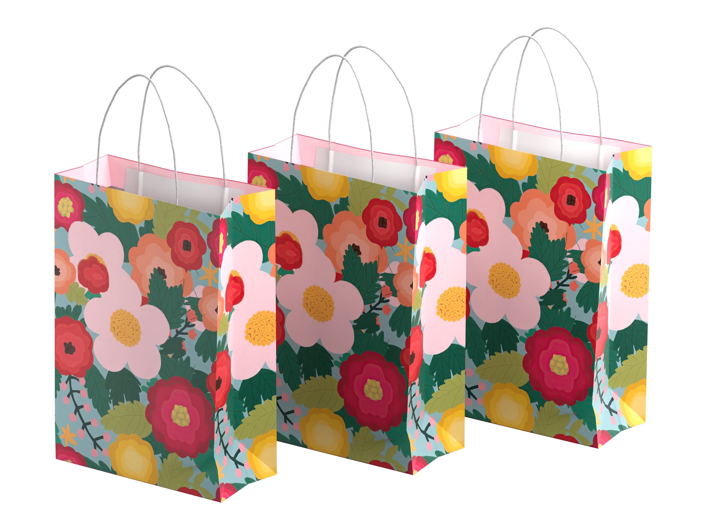 Geschenktüten 3er-Pack - Rosa Blumen - Groß