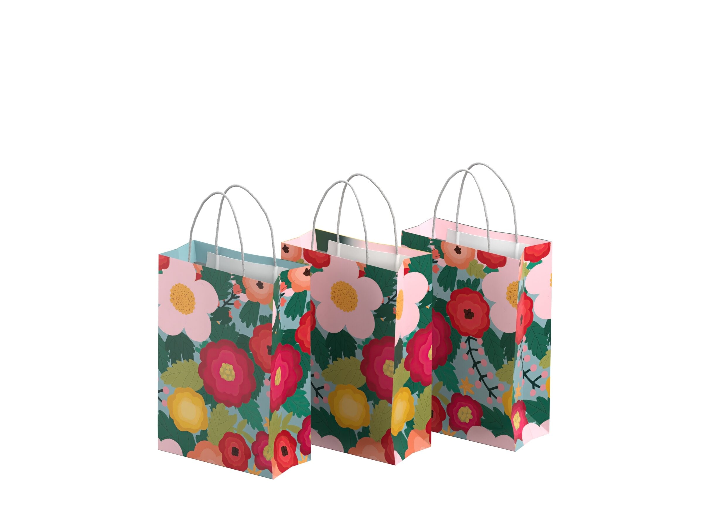 Geschenktüten 3er-Pack - Rosa Blumen - Mittel