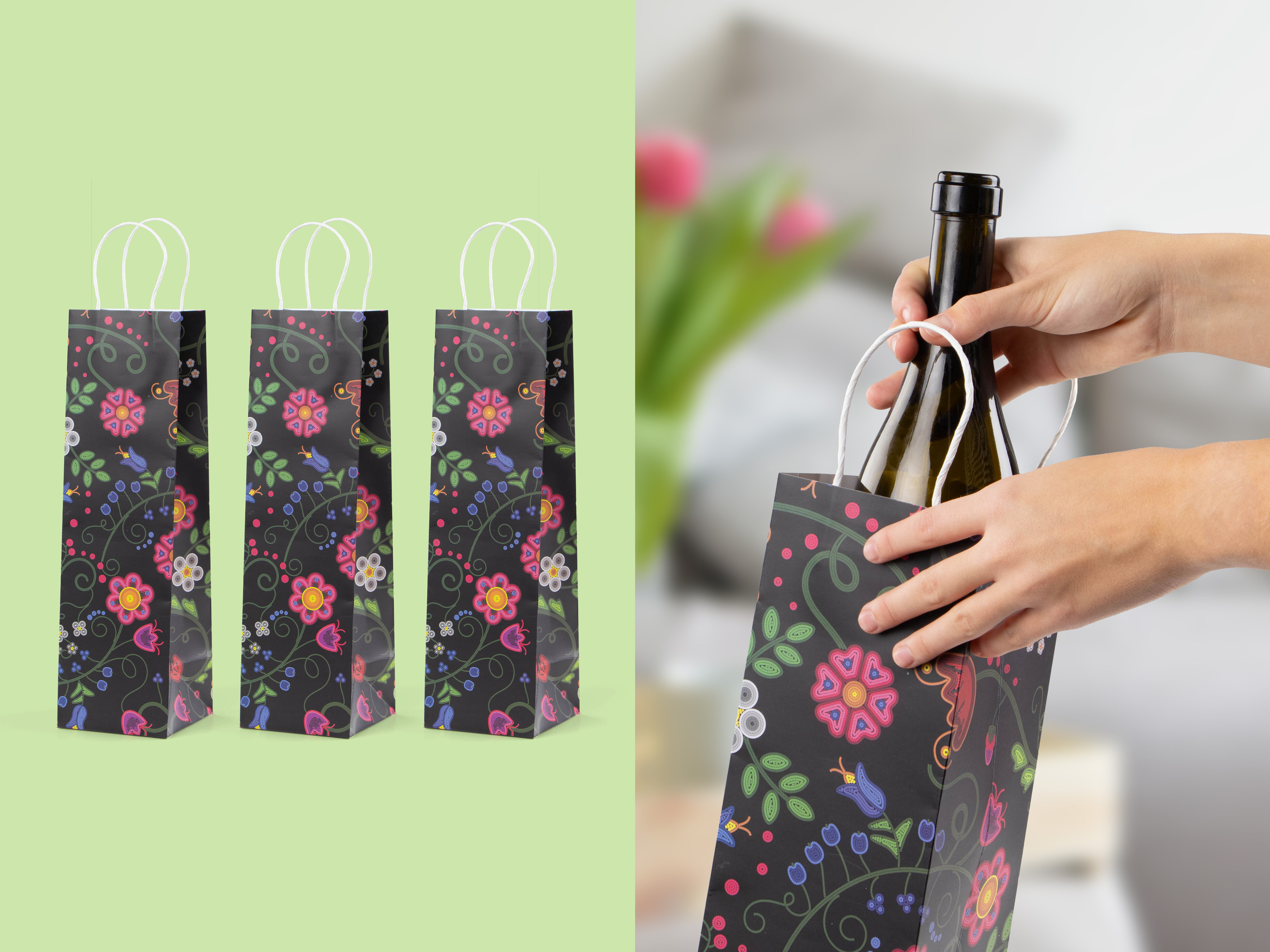 Viinipullopussit 3 kpl - Tyylikkäät kukat