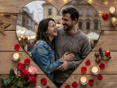 Personligt Fotopussel i Trä - Hjärta