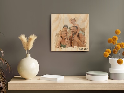 Personlig fotoblokk i tre med tekst