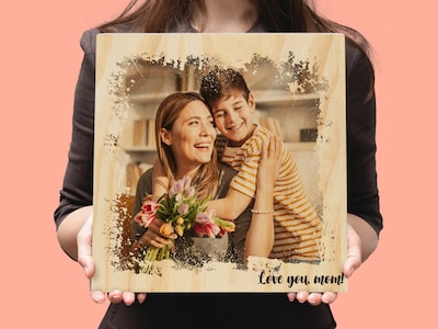 Personlig fotoblokk i tre med tekst