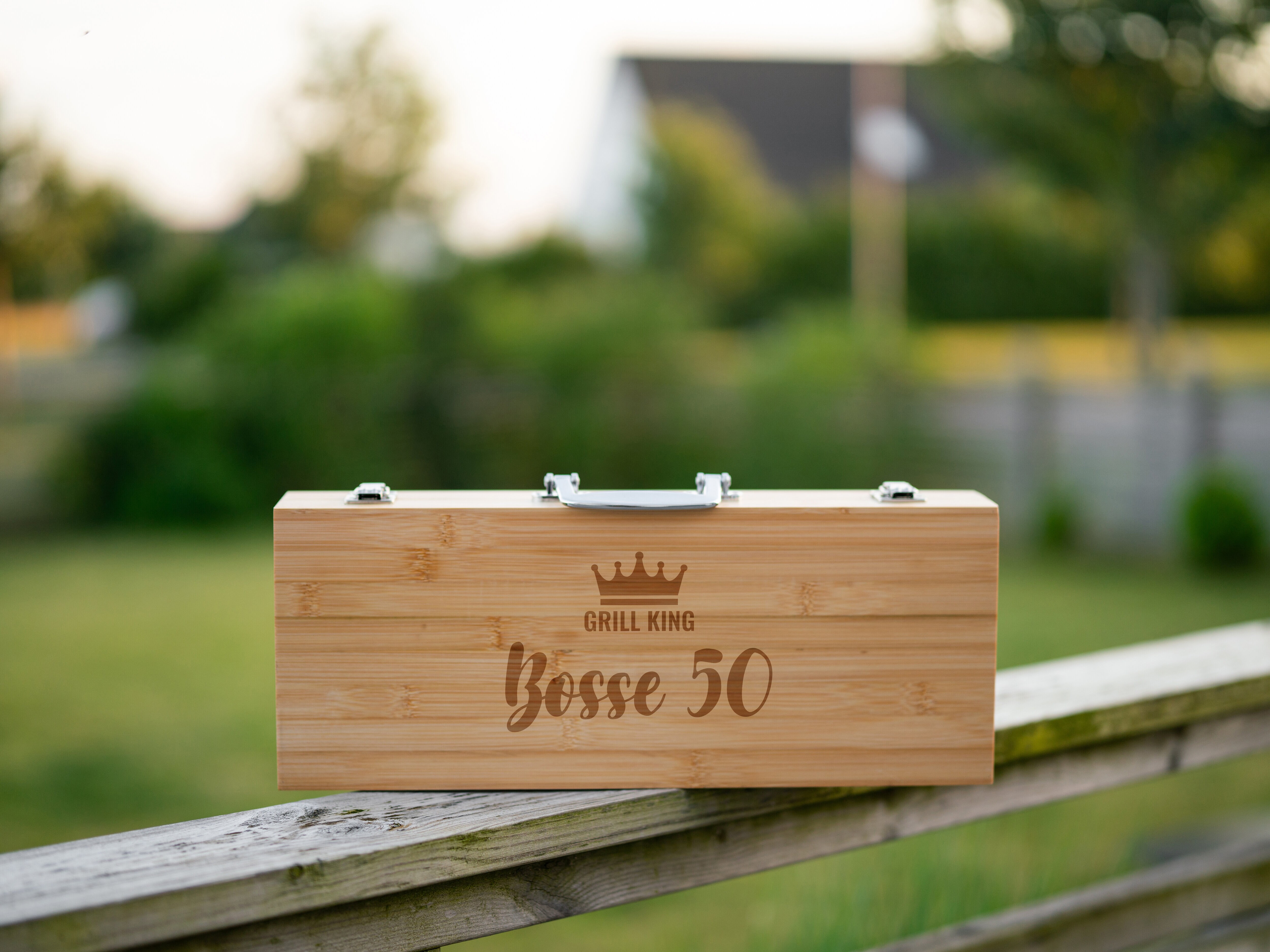 Grillverktyg i Trälåda med Gravyr - 5 Delar