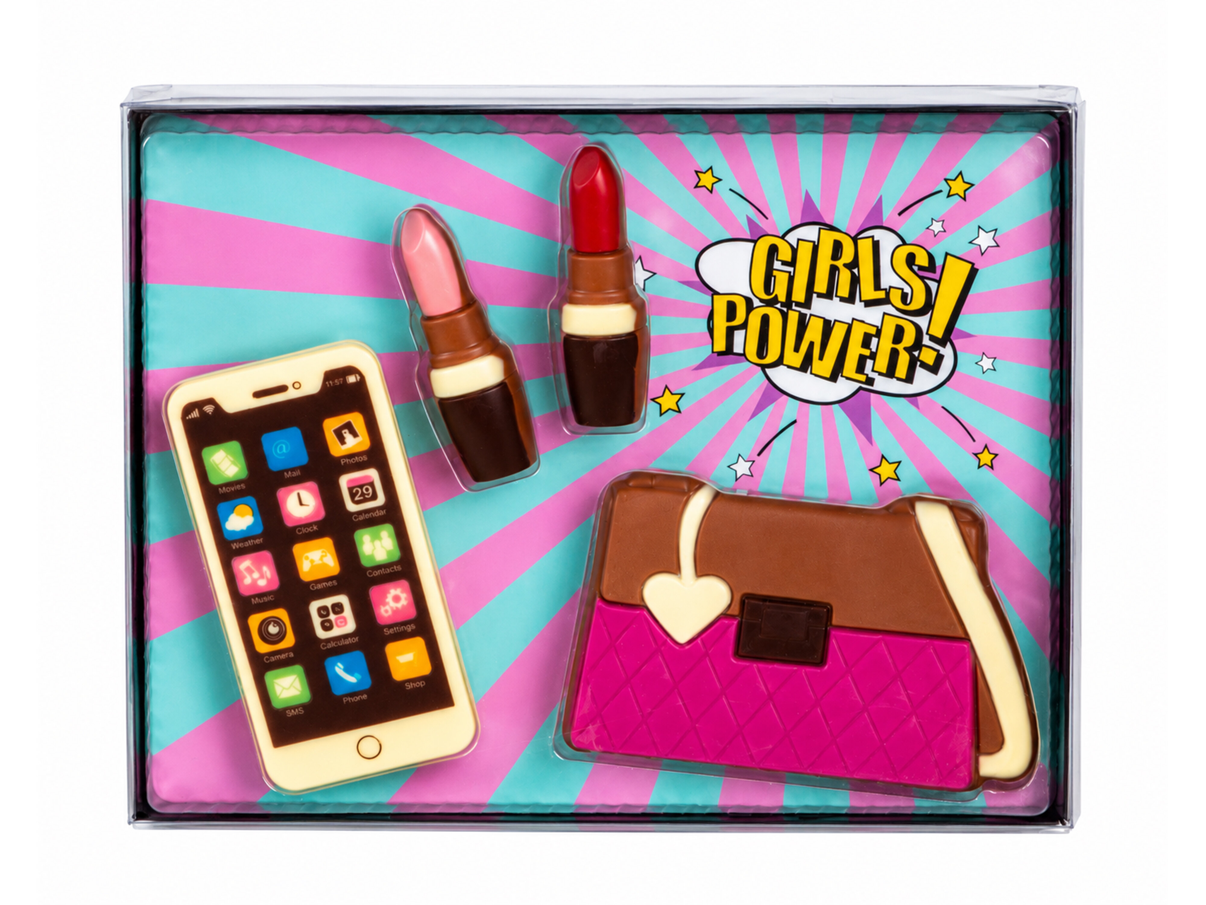 Chokoladeæske håndtaske, makeup & smartphone