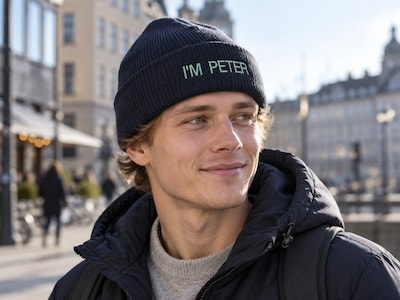 Strikkelue med valgfri tekst