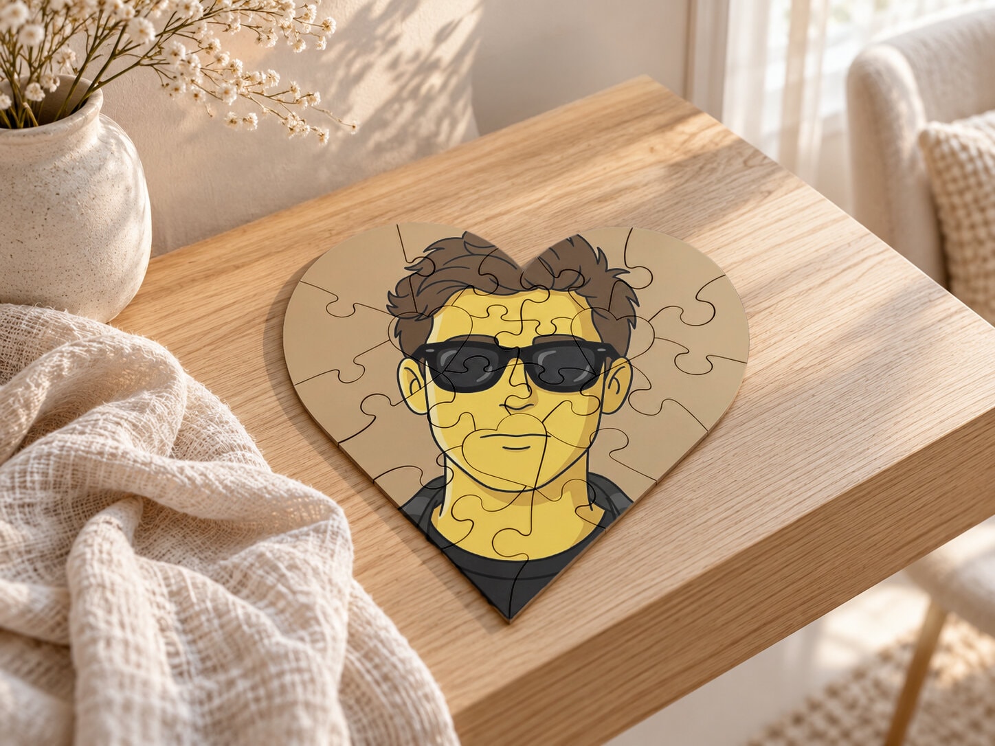 Herzförmiges Fotopuzzle aus Holz – Kunststil nach Wahl